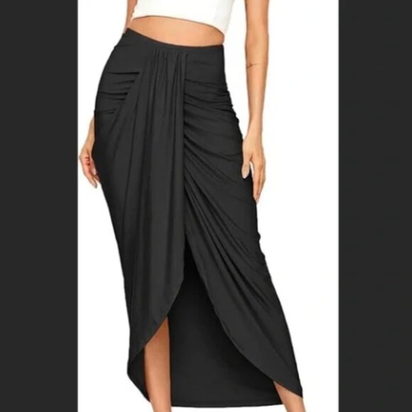SheIn Women's Casual Slit Wrap Asymmetrical Elastic High Waist Maxi Draped Skirt - Picture 1 of 4